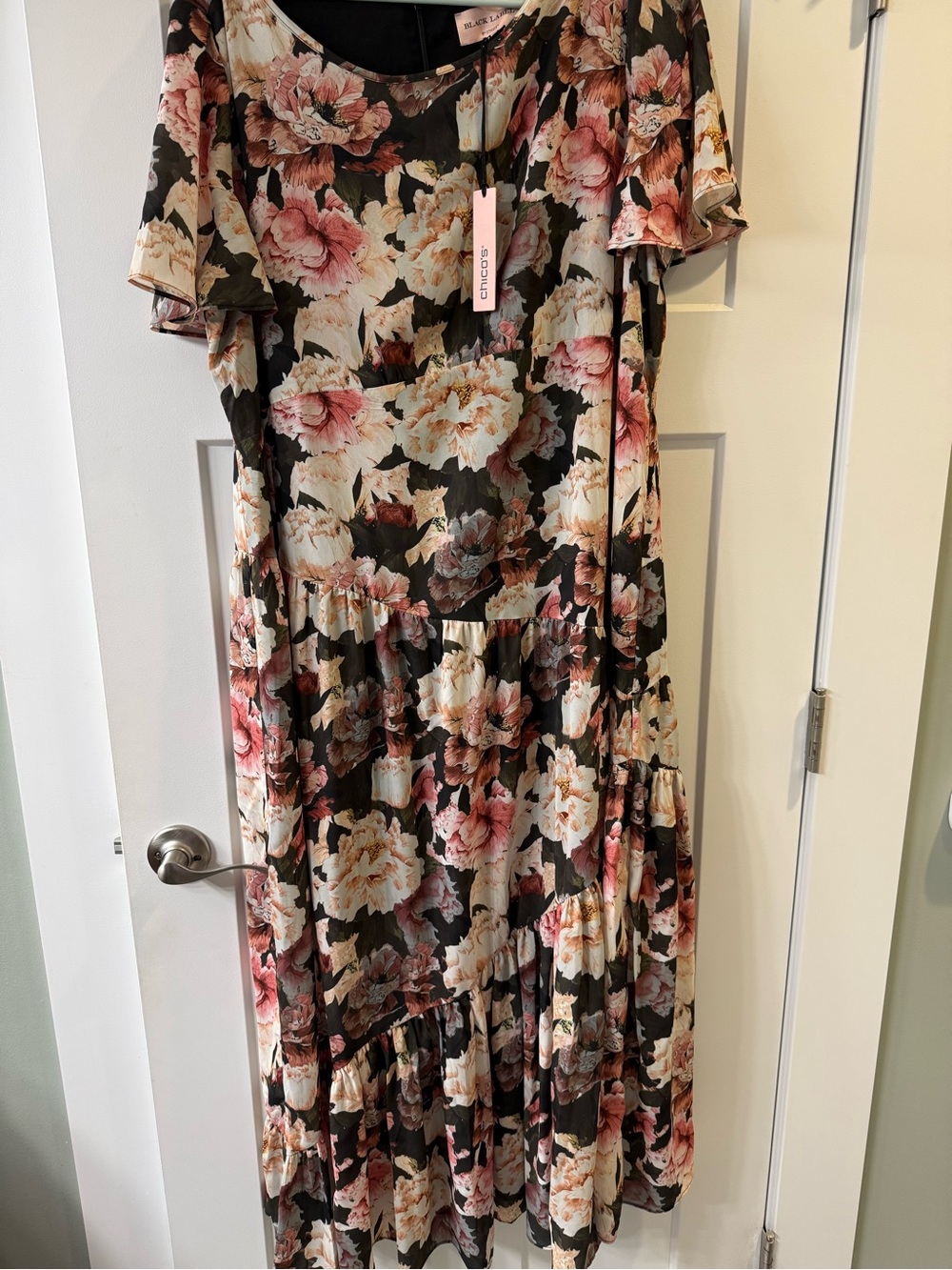 Black Label Floral Tiered Maxi Dress in Black, Pink & Cream
